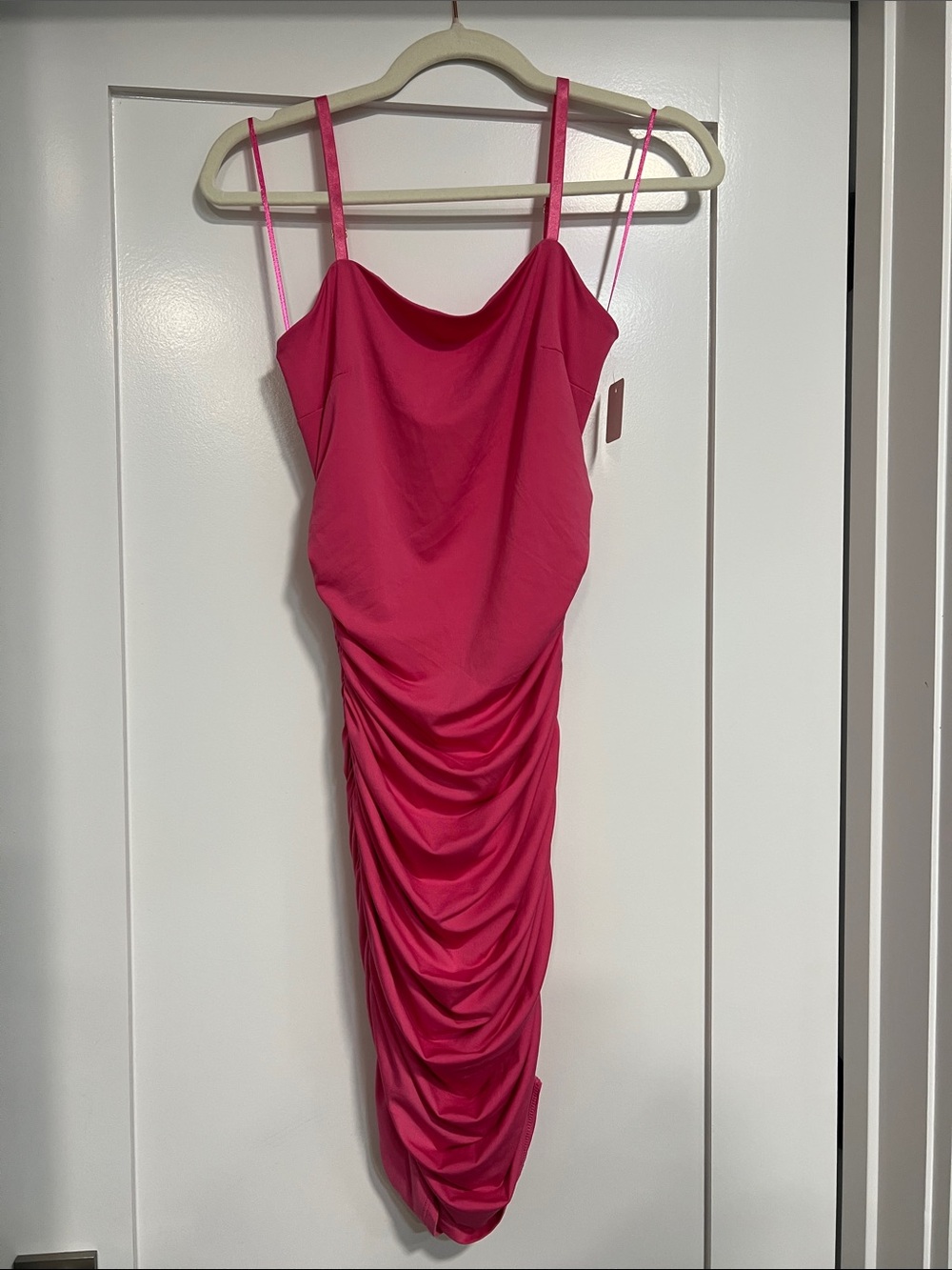 Mind Code Hot Pink Ruched Midi Slip Dress